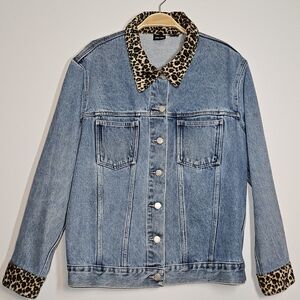 Xhilaration Women's Denim Jacket w/ Animal Print Fleece Trim, Sz XL